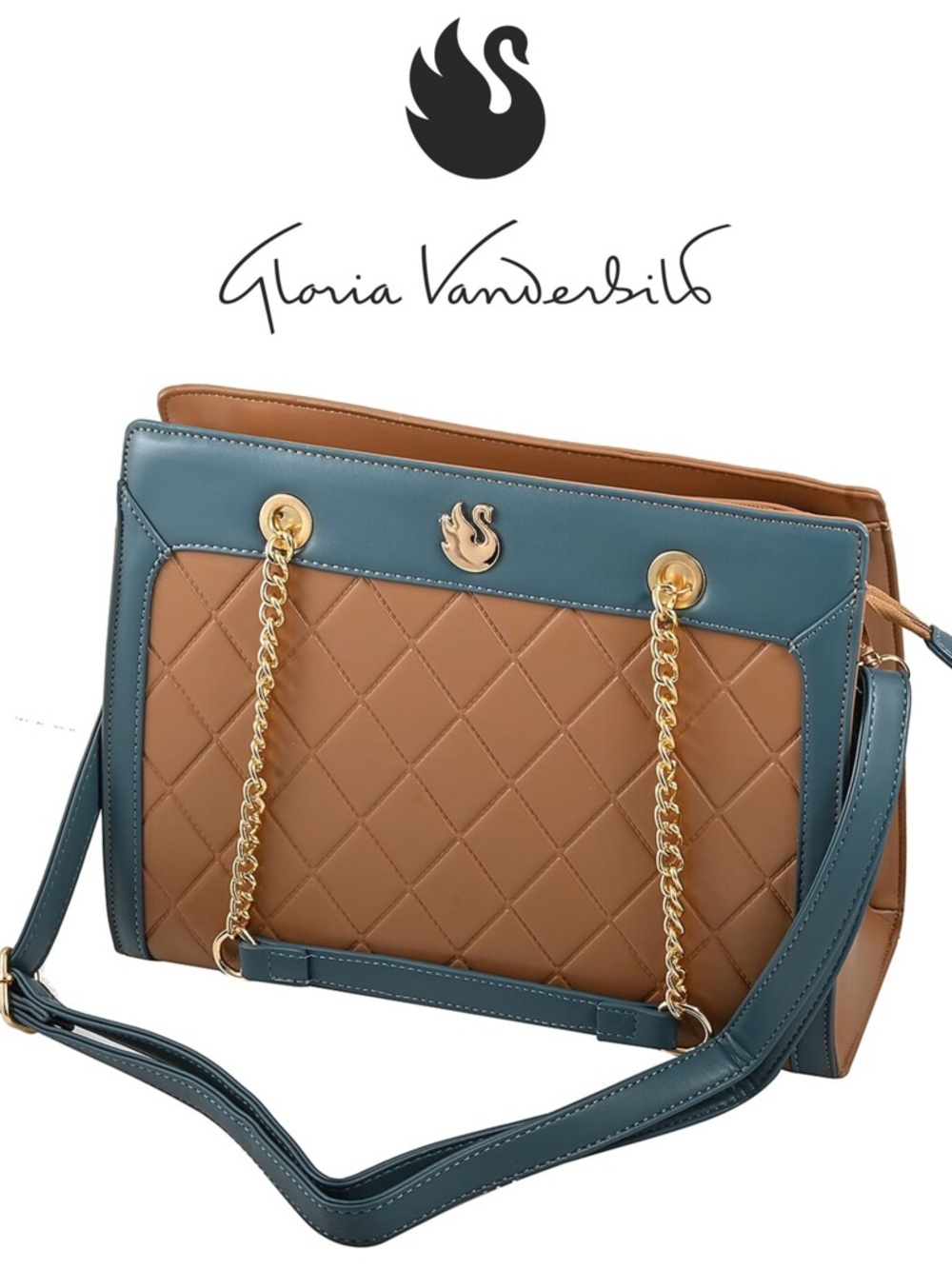 Gloria Vanderbilt Blue & Beige Faux Leather Satchel Bag w/Chain Strap